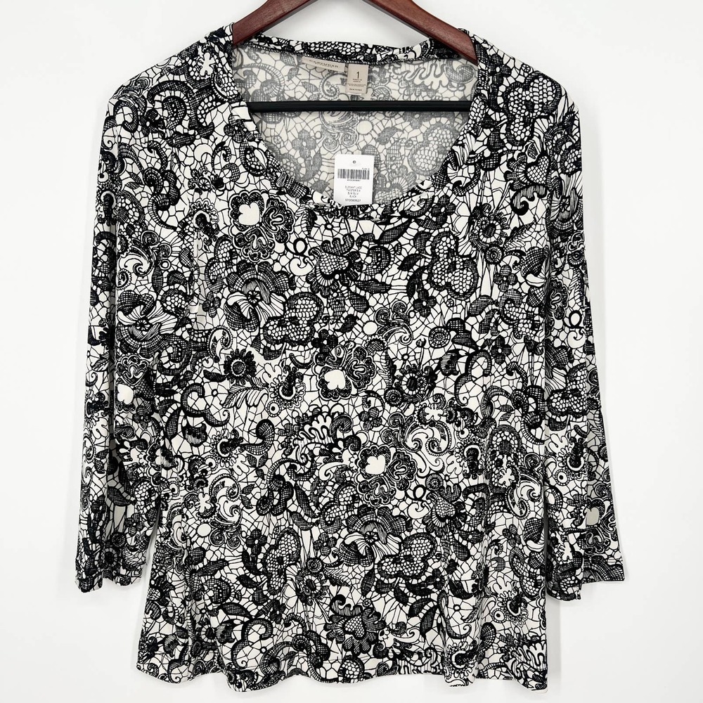 🆕 Chico’s Womens Size 1 or Medium Stretchy Lace Print Blouse Shirt Top